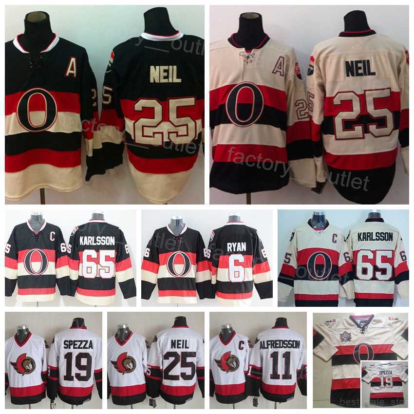 

Ottawa Retro Senators Hockey 65 Erik Karlsson Jersey 19 Jason Spezza 25 Chris Neil 11 Daniel Alfredsson 6 Bobby Ryan Vintage Black White, Beige