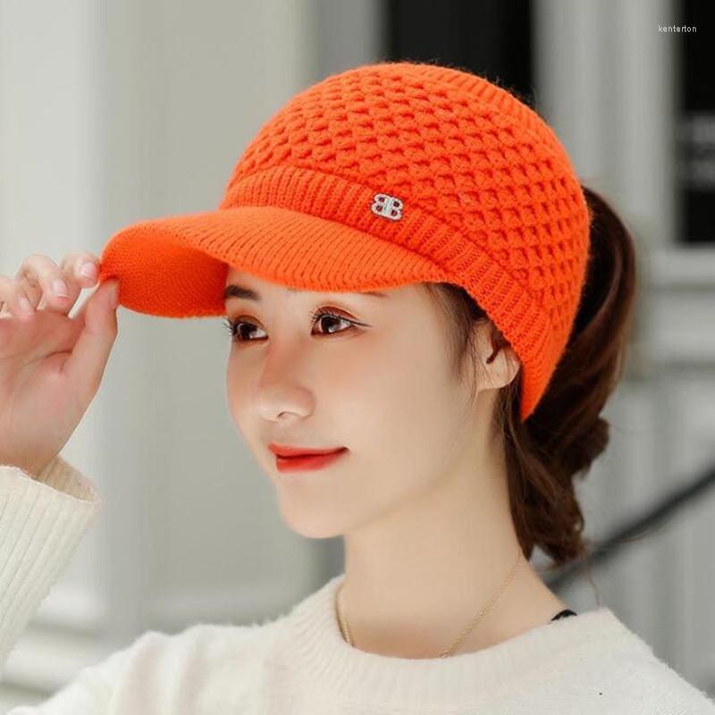 

Ball Caps XdanqinX Winter Women's Knitted Woolen Hat Novelty Empty Top Baseball Thick Warm Solid Casual Women Snapback Cap, Black
