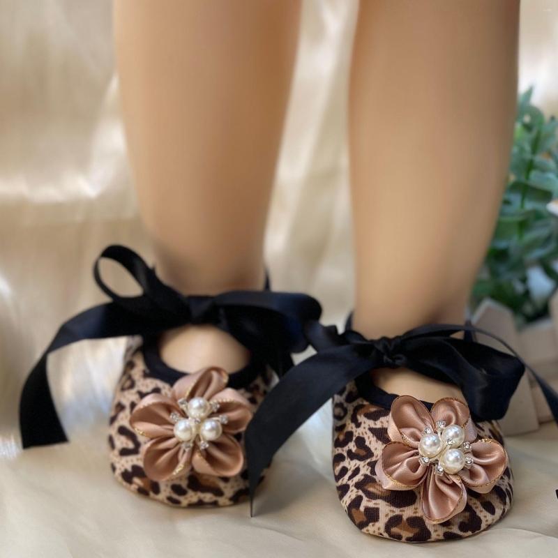 

First Walkers Dollbling 3 PCS Cheetah Print Cloth Soft Sole Infant Cute Satins Lace-up Shoes Pacifier Headband Silk Flower Pearls, Model 002