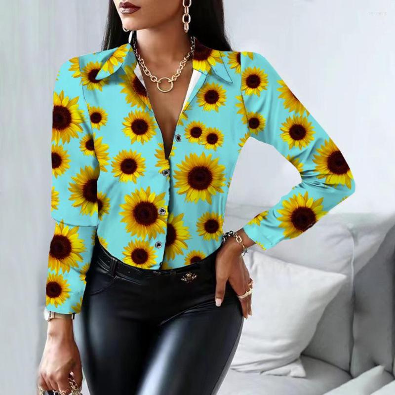 

Women' Blouses Spring Autumn Women Sunflower Print Blouse Lapel Button Up Long Sleeve Loose Fit Shirt Office Ladies Tops Blusas Mujer De, 48-d
