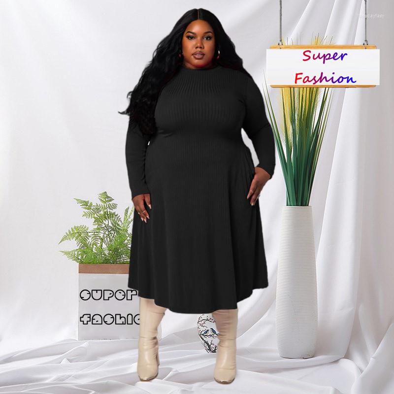 

Plus Size Dresses XL-5XL 2022 Fall Women Clothing Fashion Rib Long Sleeve O Neck Casual Elasticity Lady Outfits Drop, Black