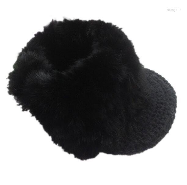 

Ball Caps Women's Natural Fur Knitted Hats Girls Winter Thicken Warm Yarn Hollow Out Baseball TB395, Black