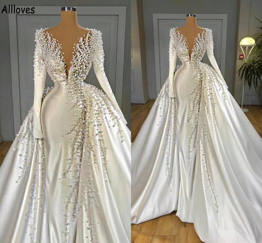 

Gorgeous Pearls Dubai Saudi Arabia Mermaid Wedding Dresses With Detachable Train Long Sleeves V Neck Formal Bridal Gowns Ivory Satin Church Vestidos De Novia CL1427, White