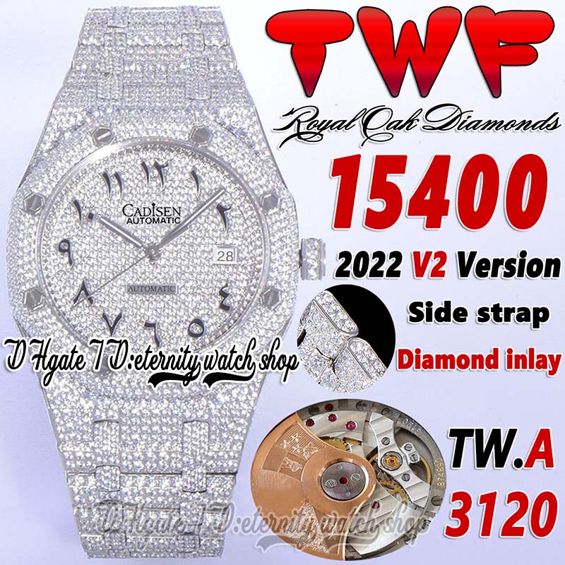 

TWF V2 tw15400 A3120 Automatic Mens Watch Paved Diamond Arabic Dial Stainless Steel side with Diamonds Bracelet Super Edition eternity Jewelry Iced Out Watches, Watch waterproof production cost