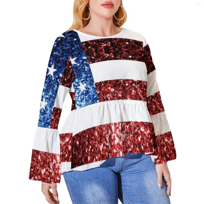 

Shirt American Flag Red Blue T Faux Sparkles Glitters Trendy Ruffled Shirts Street Wear Tee Plus Size Graphic Top, Style-14