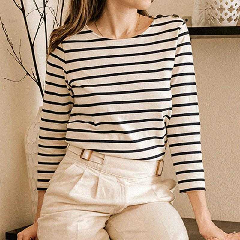 

Women' T-Shirt Chic Striped Woman Autumn Elegant Clothes Long Sleeve Round Neck Cotton Tshirts Ladies 2022 Casual Vintage Tee Tops, White