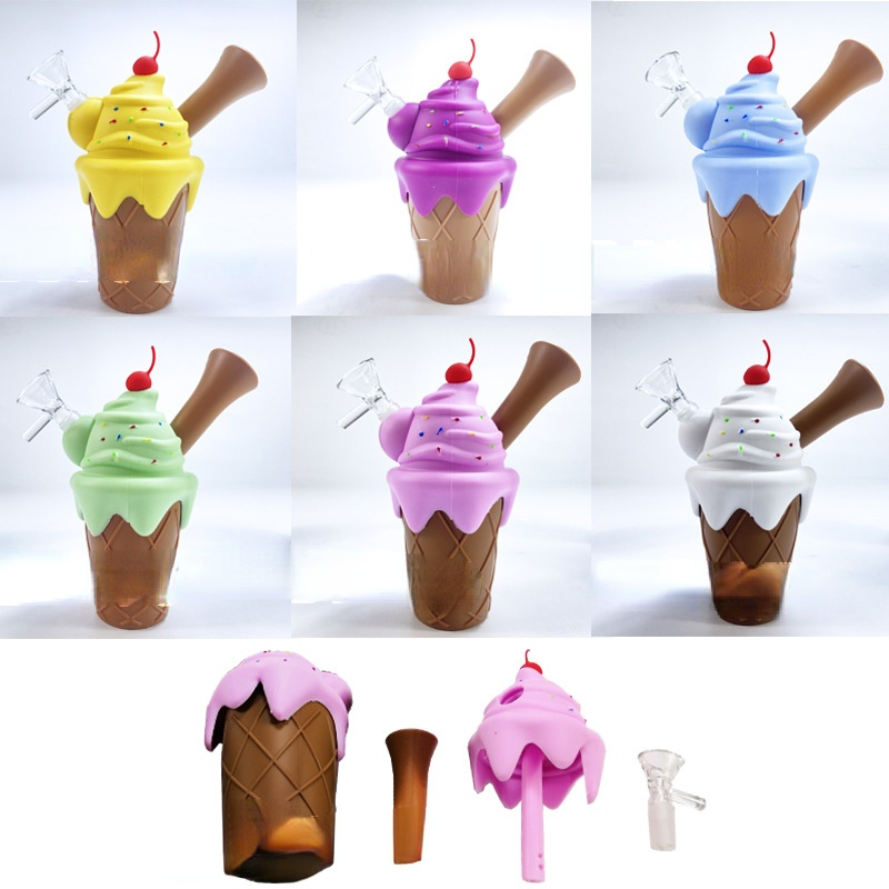 

smoke pipe Ice cream pattern mini bubbler silicone Water multiple Color Silicone Oil Rigs bongs Hookahs Glass Bowl