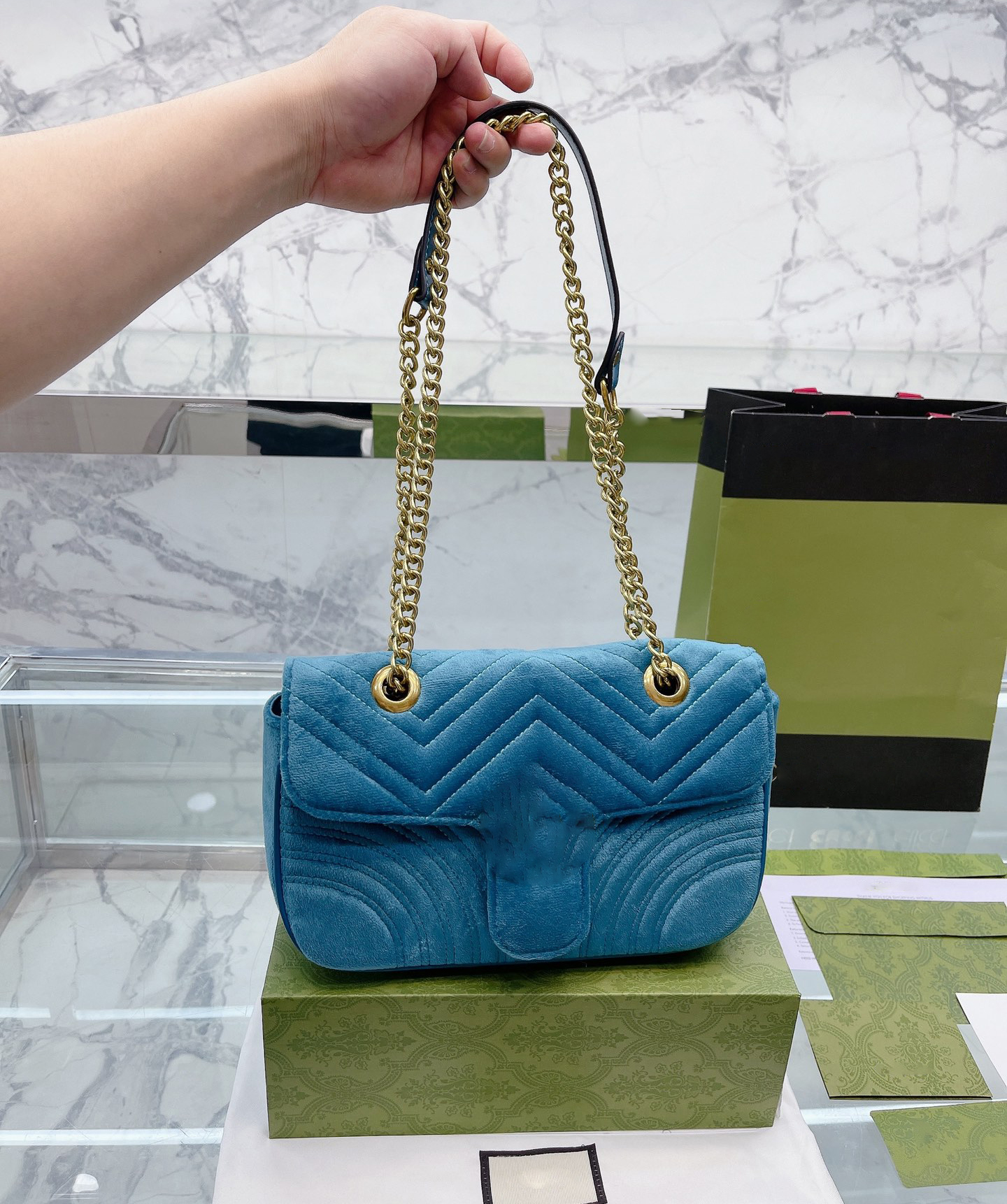 

Brand Shoulder Bag Crossbody Luxury Handbag Tote Designer Messenger Bags 5A Quality Classic Genuine Leather 27CM Gold Chain Velvet, Original box