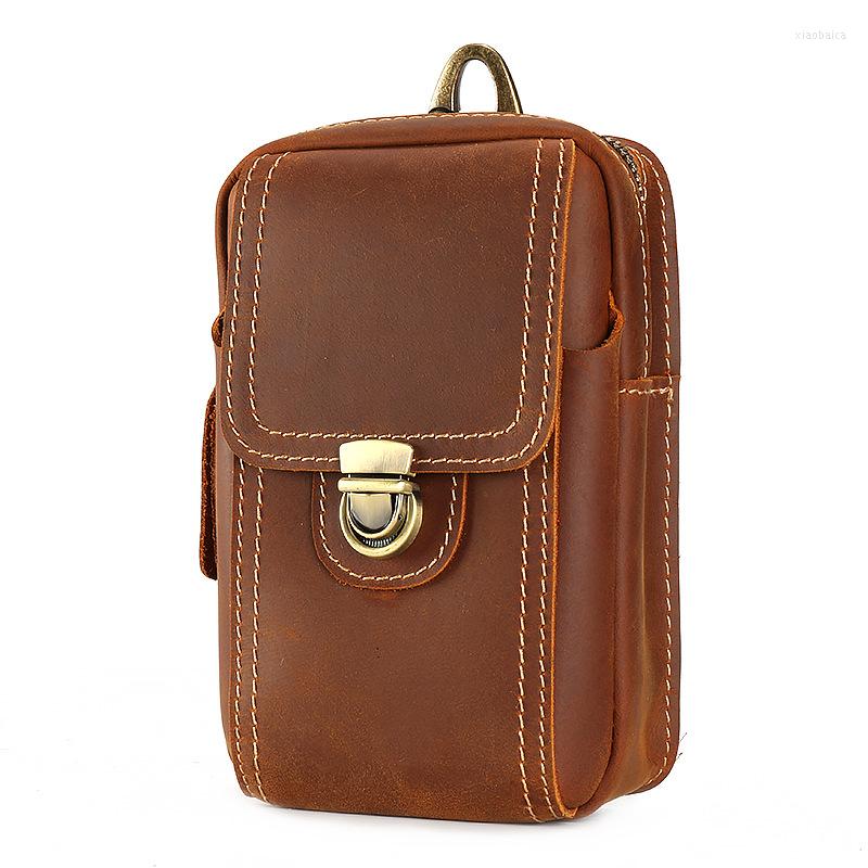 

Waist Bags Cowhide Leather Men's Bag Vertical Mobile Phone Wear Belt Retro Crazy Horse Cigarette Case Coin Purse, Brown