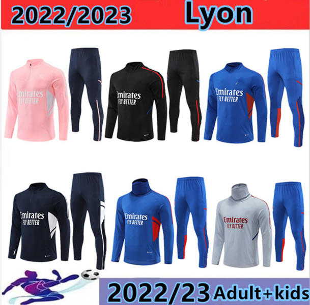 

22 /23 Lyon soccer tracksuit Survetement 2022- 2023 Lyonnais L.PAQUETA OL AOUAR Football training suit Jogging sets kids 10/18 adult, Black