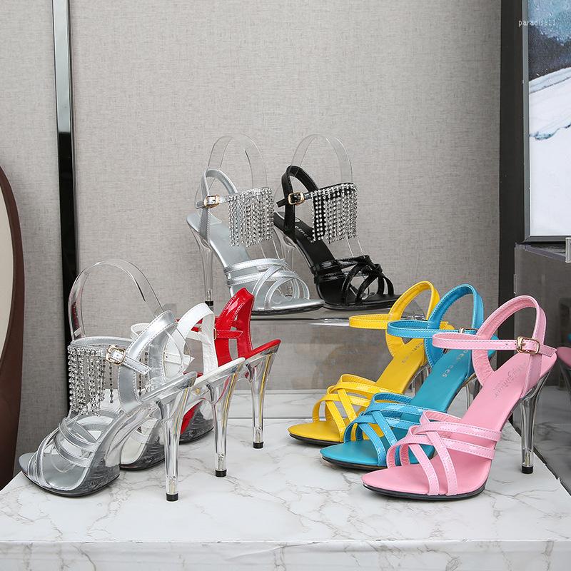 

Dress Shoes Women's Strap Cross Crystal Stiletto Heel Sexy Nightclub Rhinestone Tassel Sandals 19861 Series 11cm LFD, 10-silver