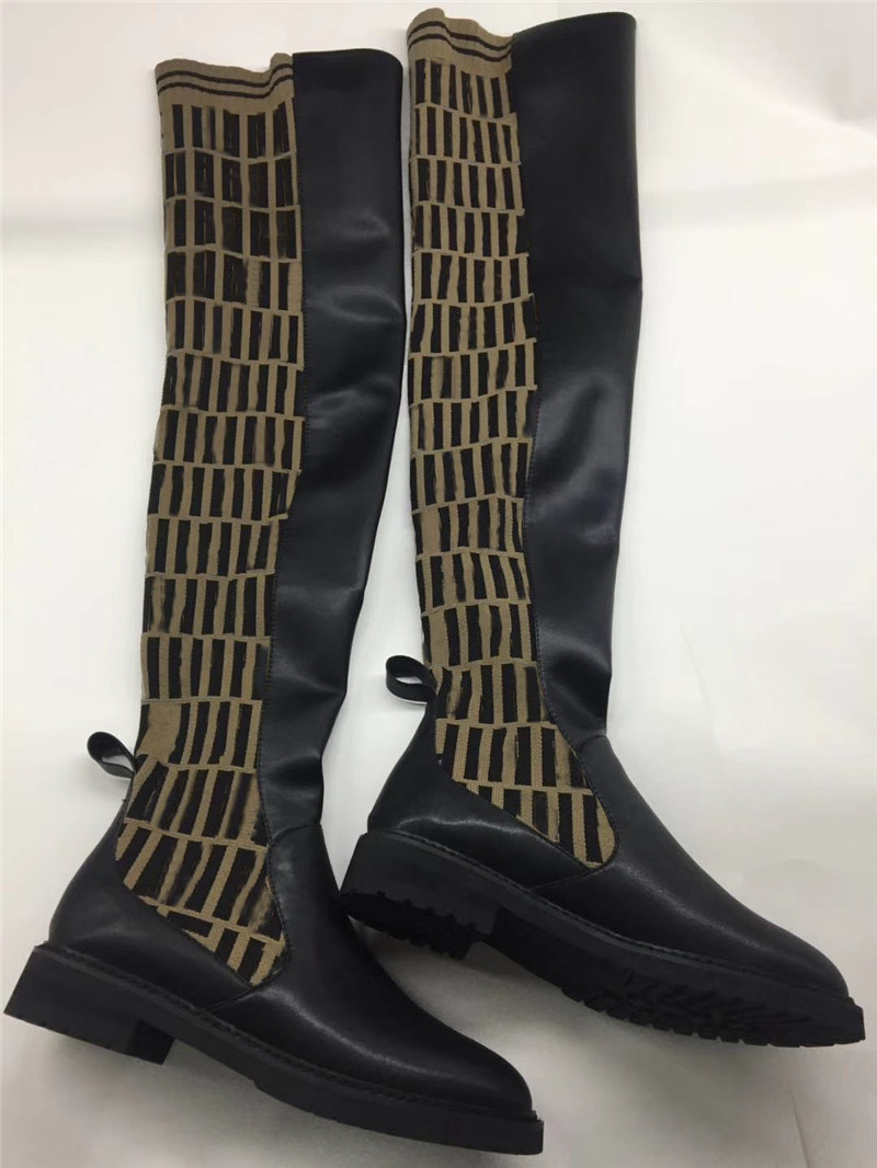 

Designer Luxury Forever Zucca brown stretch knit black leather JACQUARD LEATHER KNEE BOOTS Booties With Original box