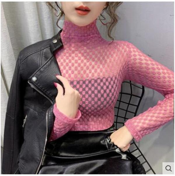

2022 New Women' Sexy Turtleneck Long Sleeve Perspective Gauze Lace Spring Autumn T-shirt Tops SML, Beige