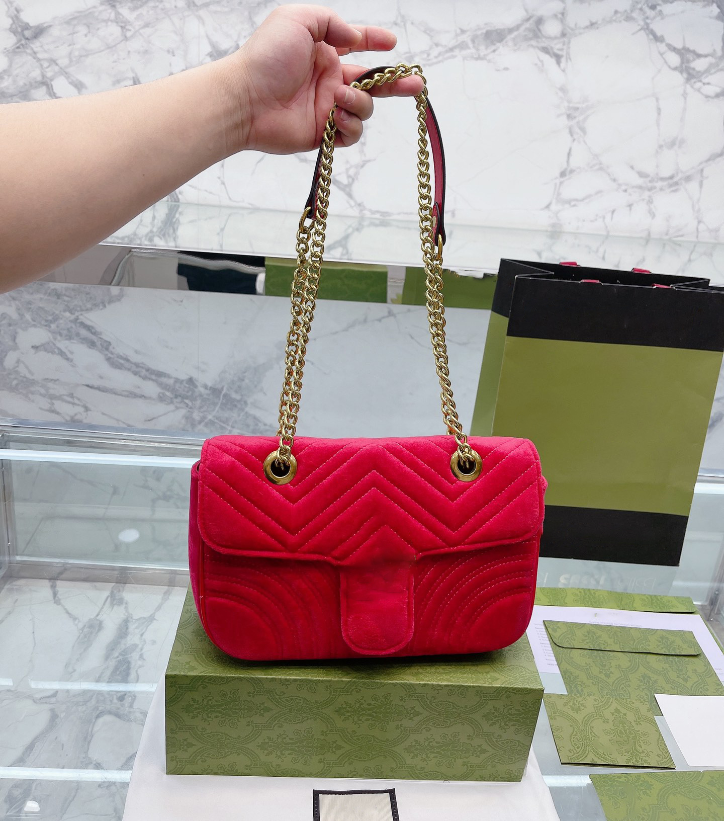 

Brand Shoulder Bag Crossbody Luxury Handbag Tote Designer Messenger Bags 5A Quality Classic Genuine Leather 27CM Gold Chain Velvet stripes Hasp Suede, Original box