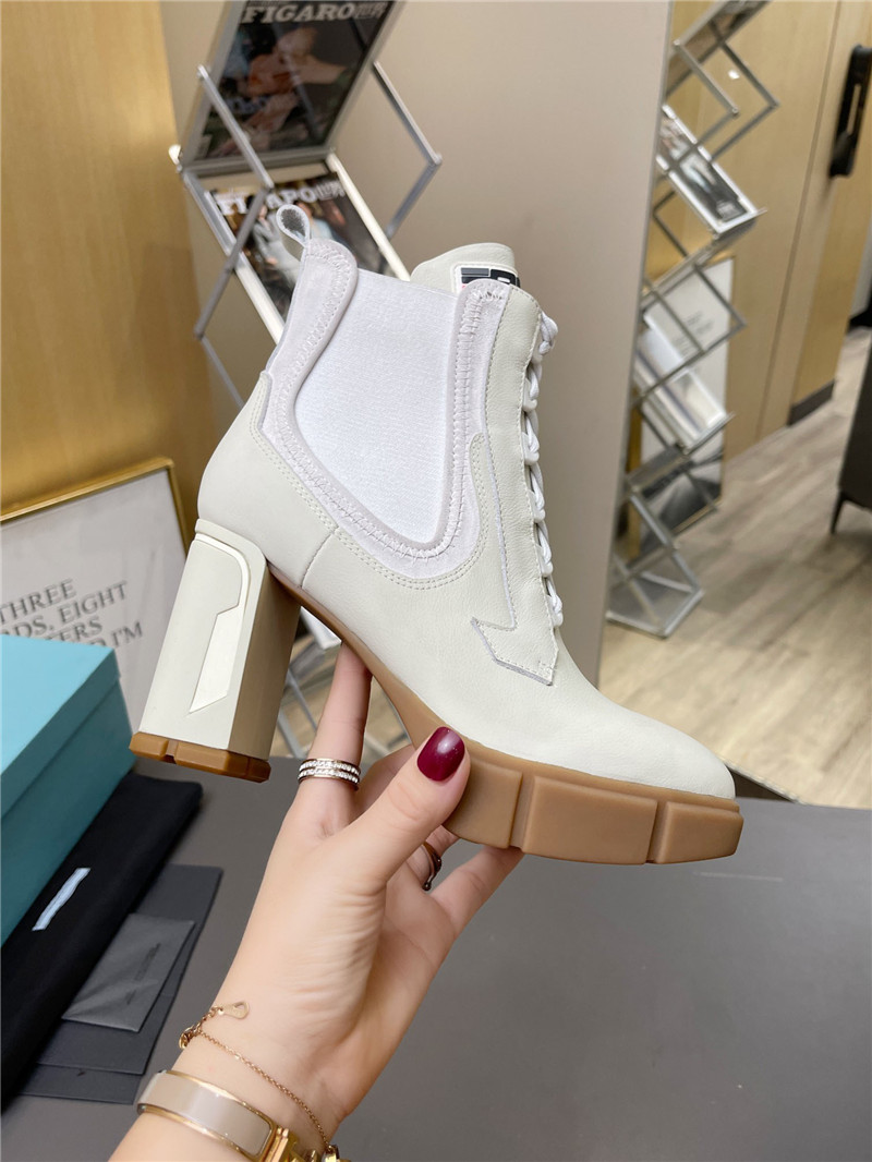 

Designer Luxury Womens Milano Brushed nylon Monolith white patent lug sole platform booties White leather ankle Boots With Original box
