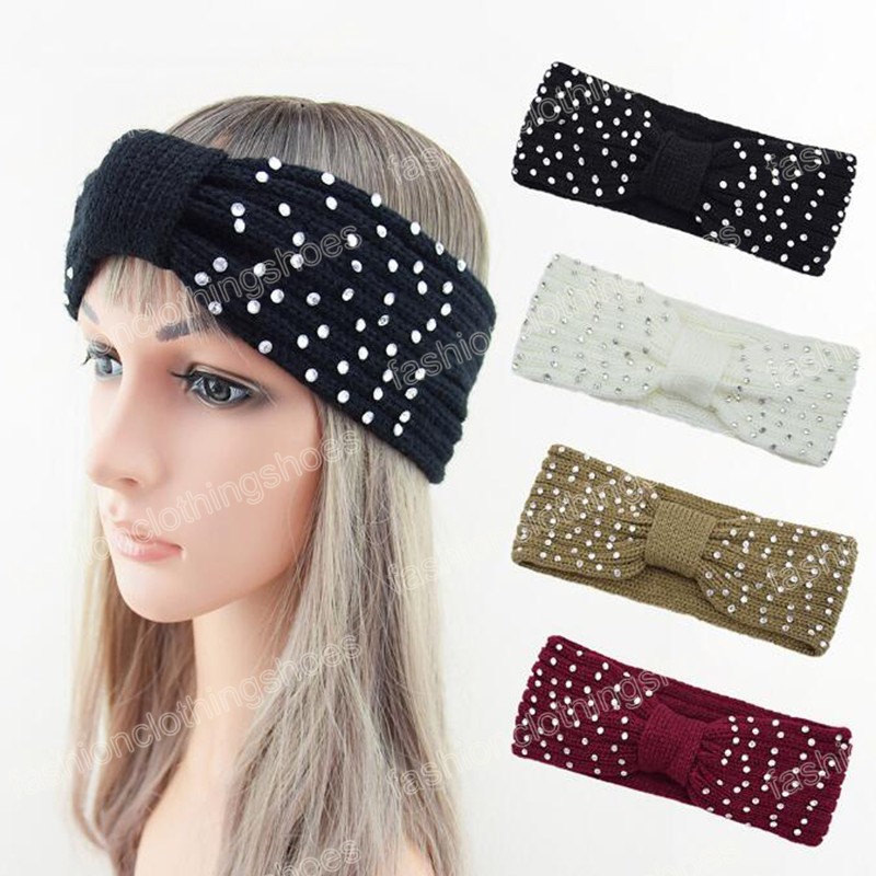 

Fashion Women Headband Center Knot Pearls Rhinestone Turban Winter Warm Knitted Headwear Girls Hair Accessories, Mixed color