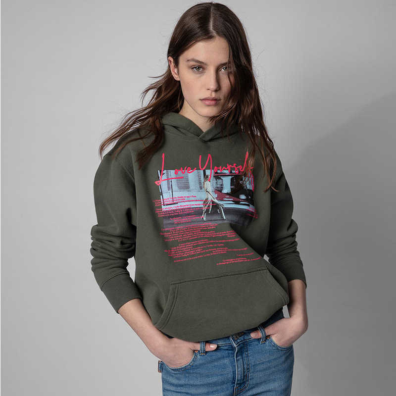 

Zadig & Voltaire Designer Hooded Hoodies Goddess Letter Digital Printing Brushed Army Green Women Hoodie Pullover Sweatshirt Sweater
