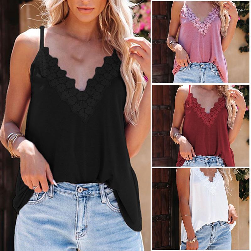 

Camisoles & Tanks Women Summer Tank Tops Lace Trim V Neck Sling Strap Sleeveless Shirts Loose Fit -3XL Solid Color SEC88, Wine red