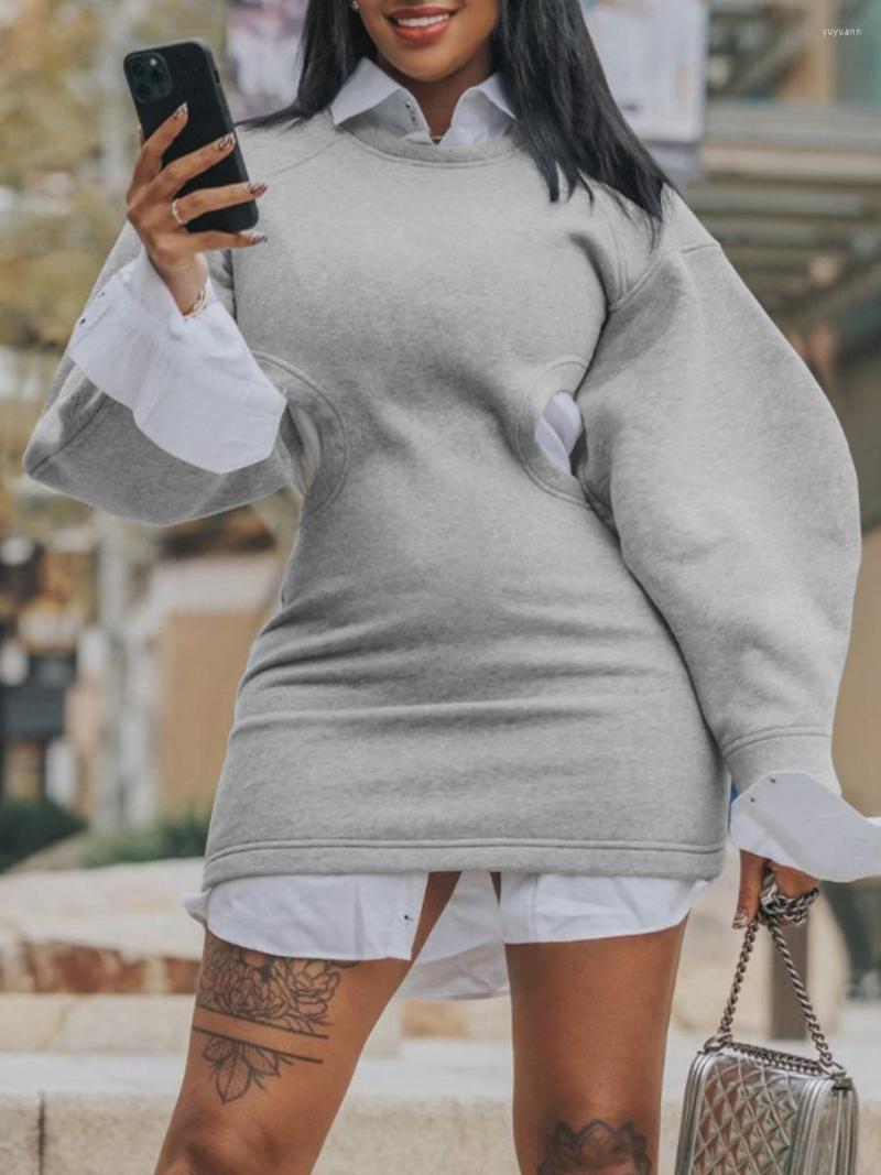 

Plus Size Dresses LW Dropped Shoulder Cut Out Sweat Dress Hubble Bubble Sleeve Round Neck Straight Solid Color Casual Women, Gray