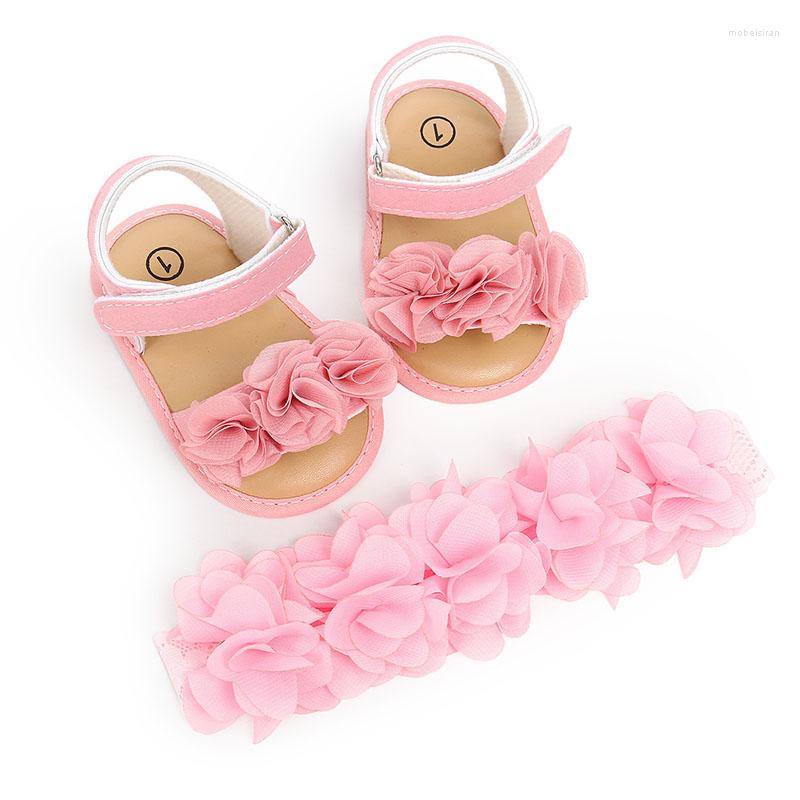 

First Walkers -18M Baby Girls Summer Rose Flower Princess Shoes Born Breathable Infant Soft Bottom Toddler With Hair Band, White