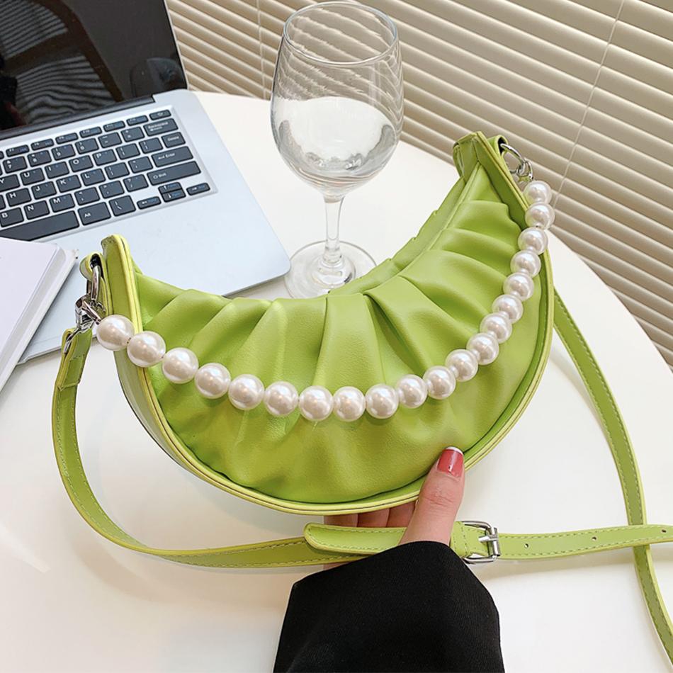 

Women's Shoulder Crossbody Bag Summer 2022 Designer Trends Beaded Handbag Luxurious Pleated Tote Bag HBP Half Round Small PU Leather purses, Beige bag