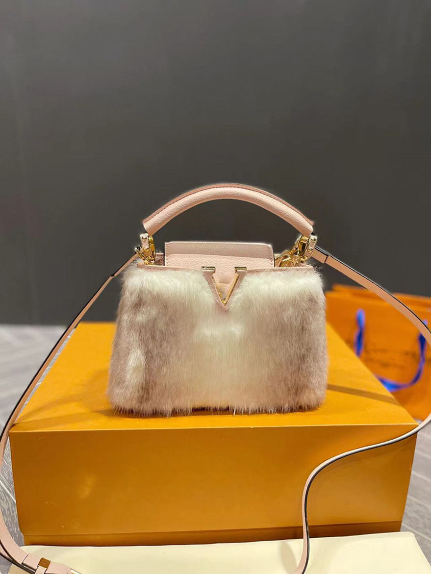

French Womens Mink Fur Capcines shoulder Bag Large Mini Style Purse Multi Pochette Top Handle Tote Suitcase Removable Genuine Leather Crossbody Strap Handbags