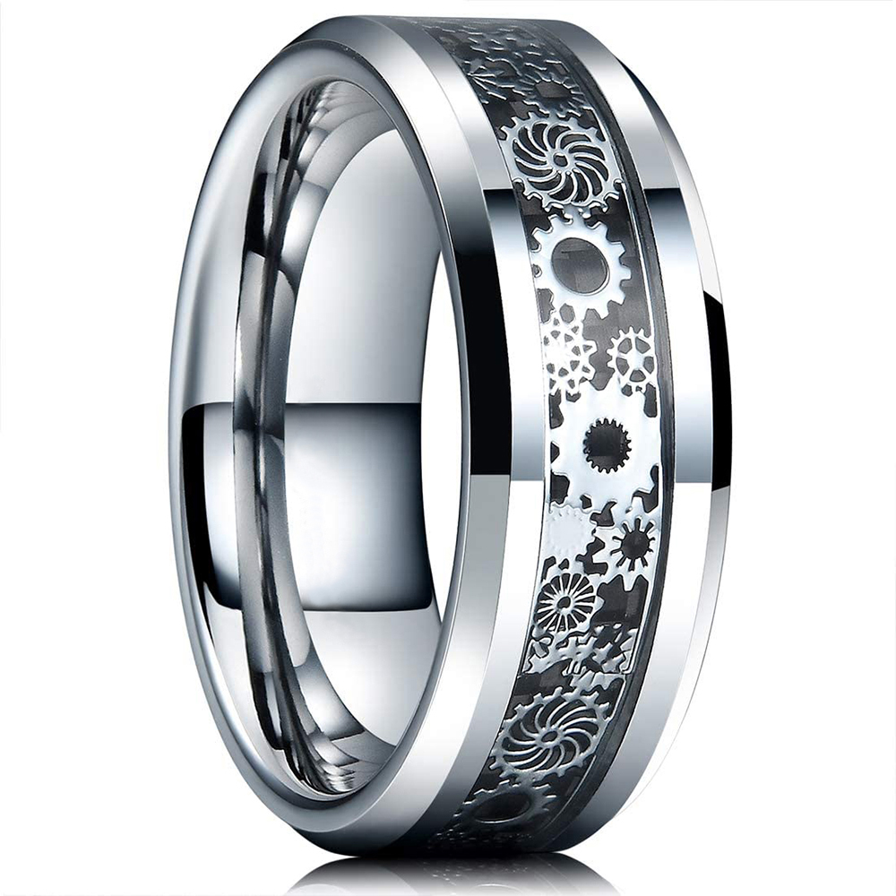 

Vintage Silver Color Gear Wheel Stainless Steel Men Rings Celtic Dragon Black Carbon Fiber Inlay Ring Mens Wedding Band