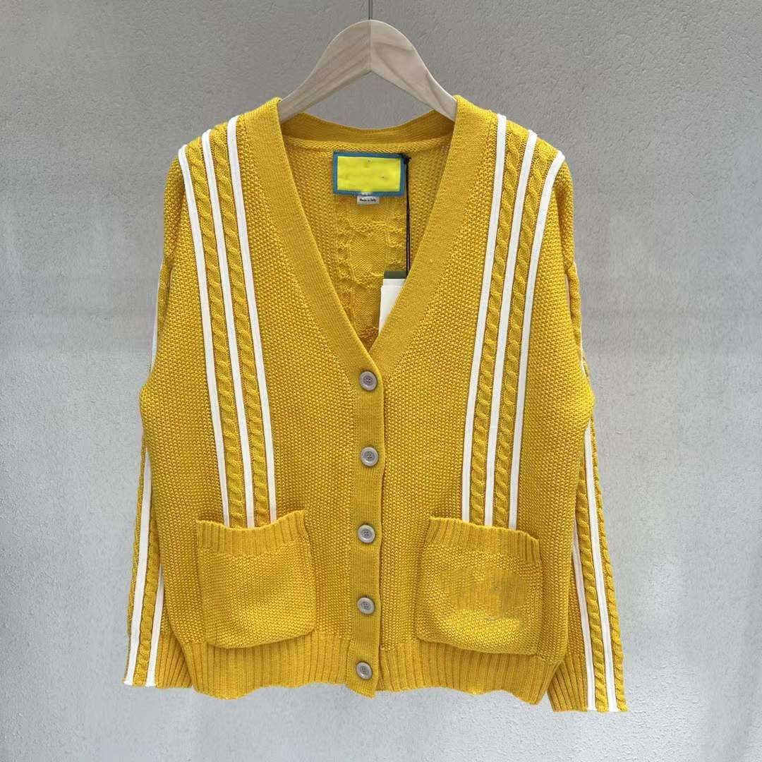 

Women' Knits Tees 2022 Autumn V Neck Long Sleeve Panelled High End Jacquard Women' Designer Sweater 0620-6, Yellow