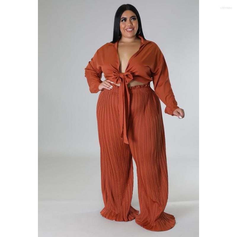 

Tracksuits Plus Size Sexy Two Pieces Set Turn Down Collar Long Sleeve Lace Up Top Pleated Wide Leg Pants Fashion Women Tracksuit Streetwear, Brown