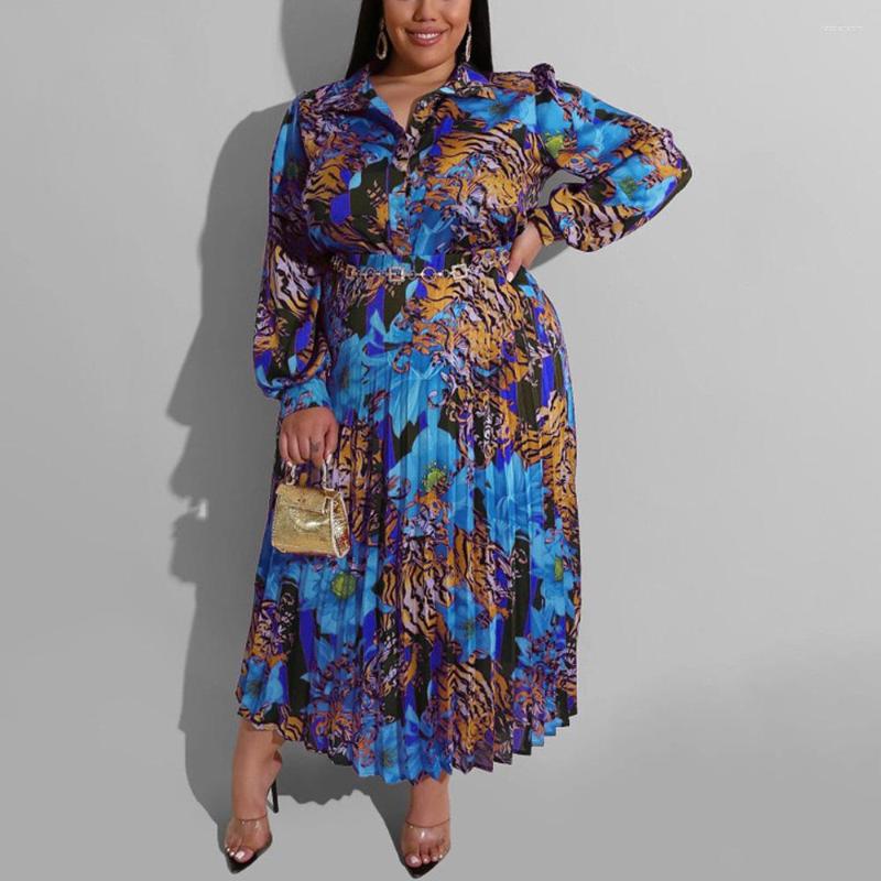 

Plus Size Dresses For Women Mid Calf Pleated Printed Full Sleeve Autumn Fall Evening Party Birthday Vestidos Mujer Dress Big, Color 4