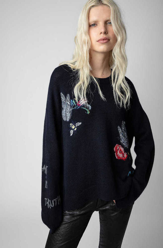 

Zadig & Voltaire Cashmere Knitted Sweater Butterfly Flower Letter Embroidery Flower 100% Cashmere Knitwear Women Sweaters, Navy blue