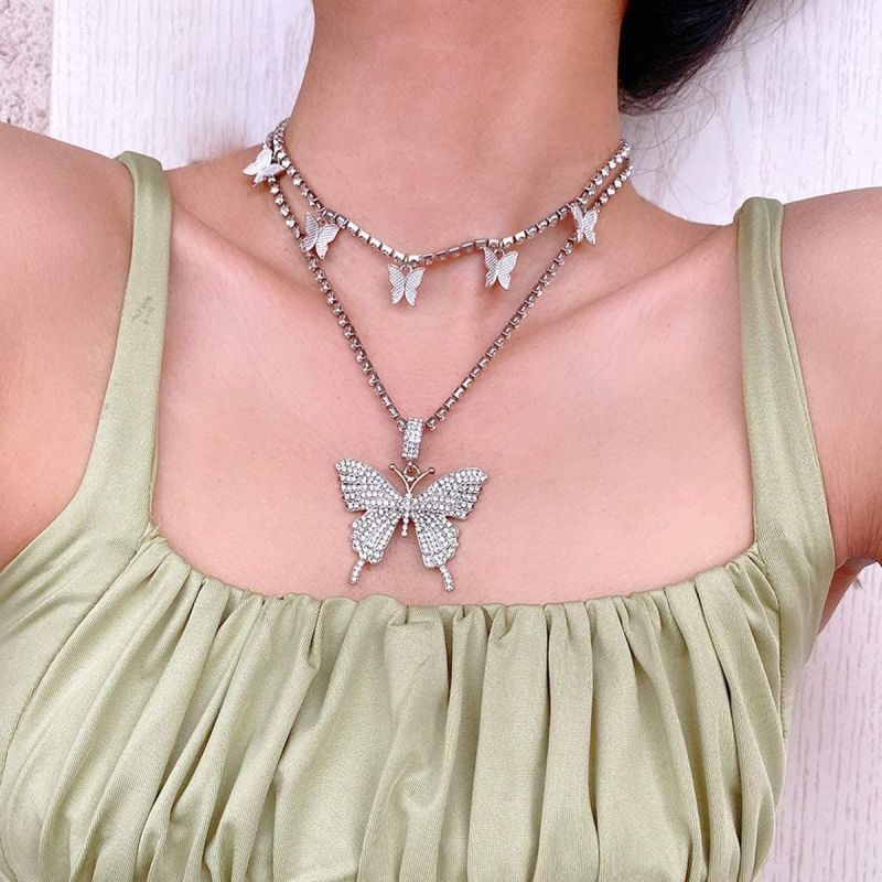 

Crystal Butterfly Choker Necklace 2 Layered Rhinestone Sparkly Butterfly Pendant Necklaces Chokers Jewerly
