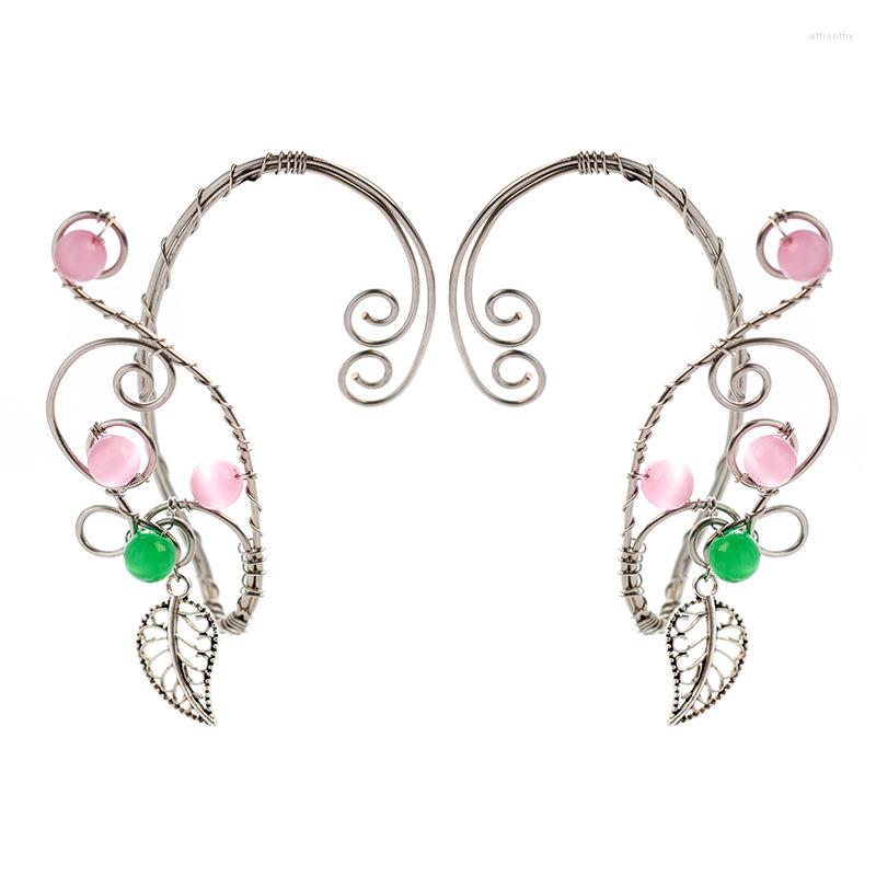 

Backs Earrings Winding Vine Elf Ear Cuffs WIth Pink Beads Clip-on Pendant Wing Sleeve Without Piercing Earcuff Wedding Jewelry