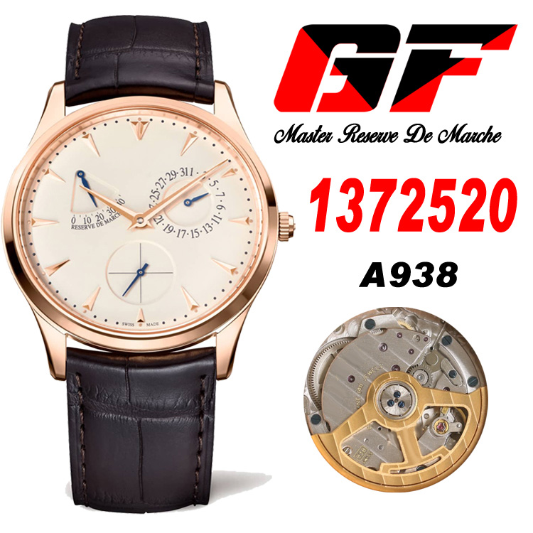 

GF Master Ultra Thin A938 Automatic Mens Watch 1372520 Real Power Reserve Rose Gold White Dial Brown Leather Strap Super Edition Watches Puretime A1