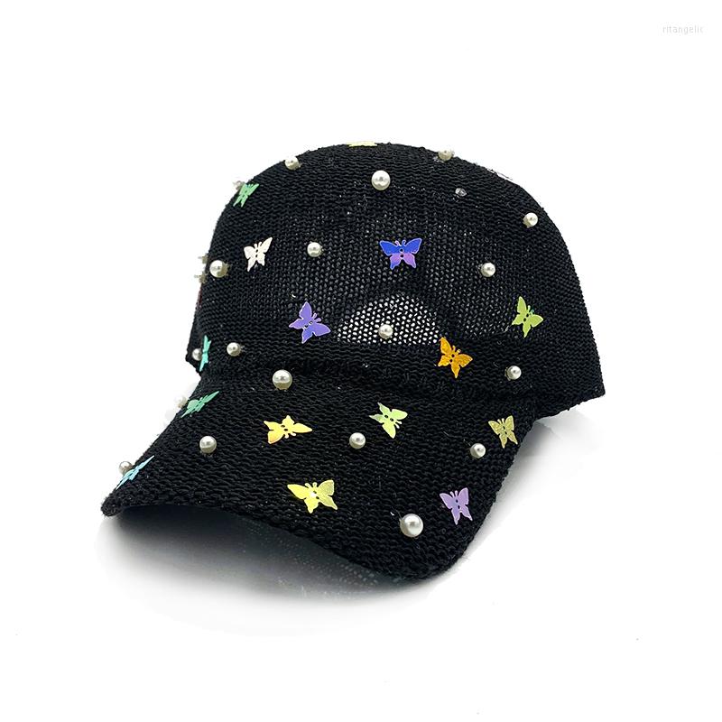 

Ball Caps Brand Baseball Cap Women Breathable Butterfly Sequin Mesh Snapback Bone Pearl Fashion Ladies Summer Sun Hat, White