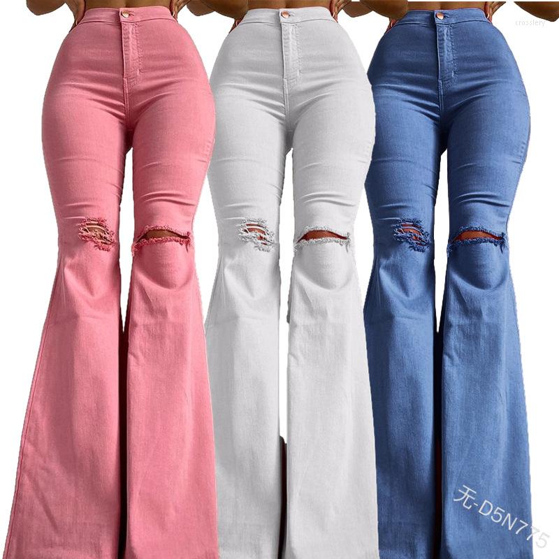 

Women' Pants 2022 Women Spring Summer Women' Solid Color Mid-Waist Long Knee Ripped Casual Flare Trousers Holes, Black