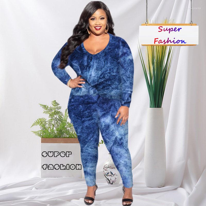 

Tracksuits WSFEC -5XL Plus Size Two Piece Sets Women Outfits 2022 Fall Fashion Tie Dye Long Sleeve Female Clothing Pant Suits Wholesale, Blue