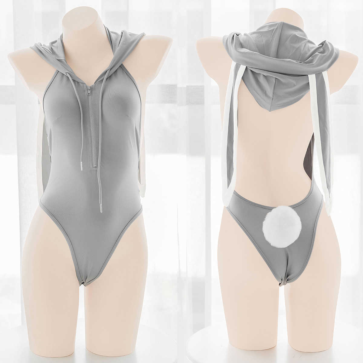 

Cosplay Wigs Cute Girl Gray Bunny Bodysuit Swimsuit Cosplay Women Sexy Zipper Lingerie Rabbit Roleplay Hoodie Backless Hooded Tops Dropship T221115