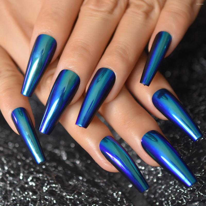 

False Nails Chrome Metallic Fake Set Mirror Extra Long Press On Coffin Ballerina Blue Acrylic Nail Art Tips For Women, L5800