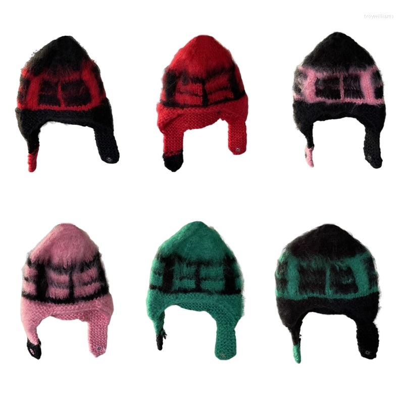 

Berets 28TF Russian Bomber Hat Plaid Knit Trapper Hooded Earflap Beanie For Women, Black red