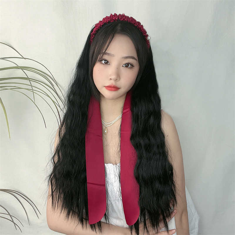 

Women's Hair Wigs Lace Synthetic Ribbon band Wig Women's Wool Curly Long Net Red Sun Often Braided Hair Water Ripple Half Cap, Black wig