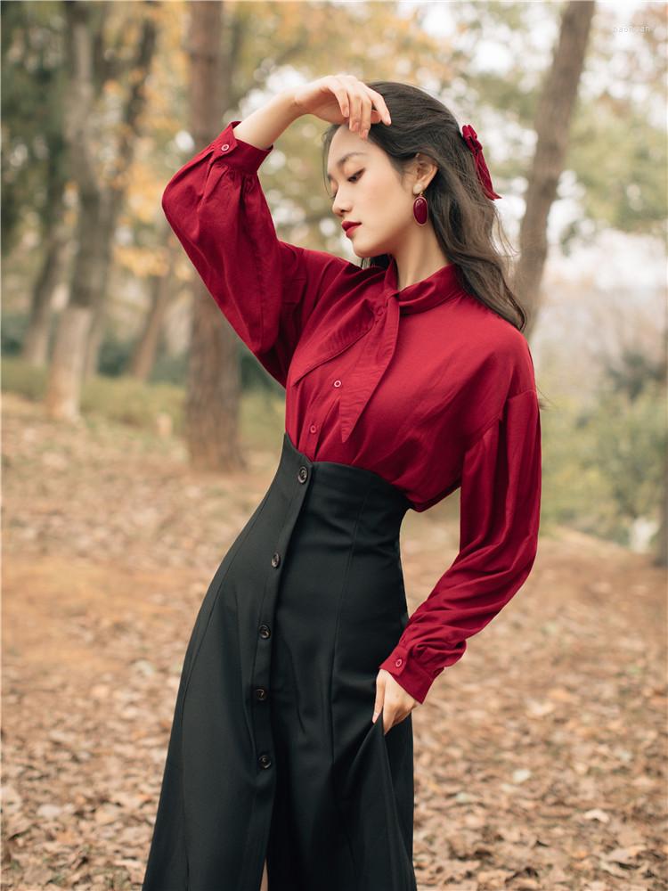 

Ethnic Clothing 2022 Autumn Fashion Suit Women Red Shirt High Waist Large Swing Skirt Two-piece Set Elegant Commuter Professional Daily