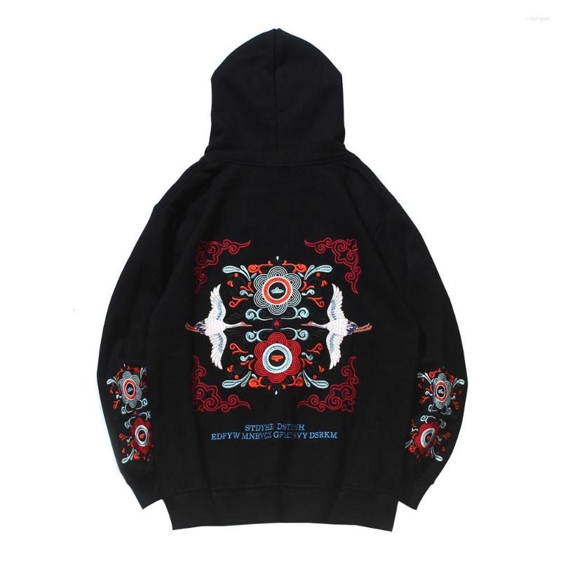 

Men' Hoodies Mens Hip Hop Harajuku Casual Hooded Tops 2022 Chinese Style Embroidery Cranes Flowers Floral Sweatshirts Streetwear, Black
