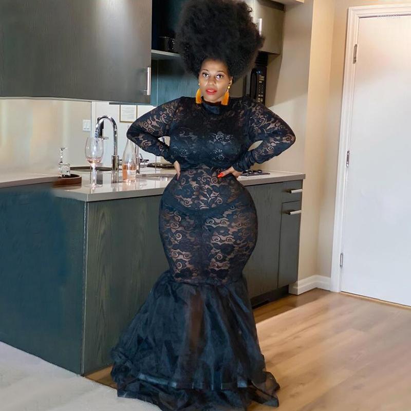 

Plus Size Dresses Women Party Elegant Lace Mesh Patchwork Lady Fashion Prom Evening Gown 2022 Autumn Club Outfits, Black
