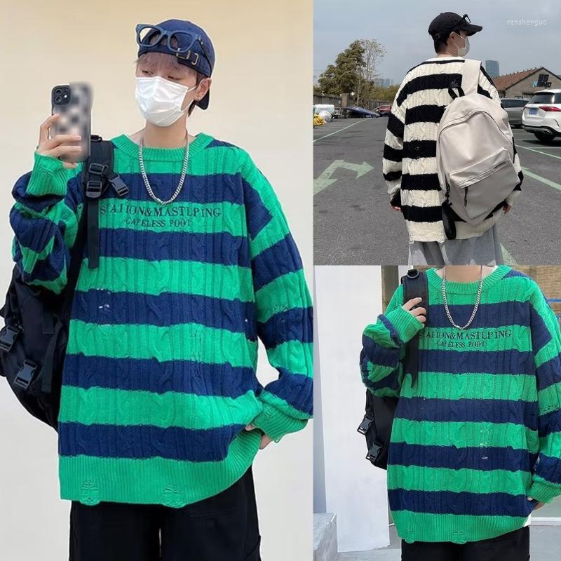 

Men's Sweaters Men Letters Jacquard Oversized Tunic Top Long Sleeve Distressed Striped Sweater N2UE, Green