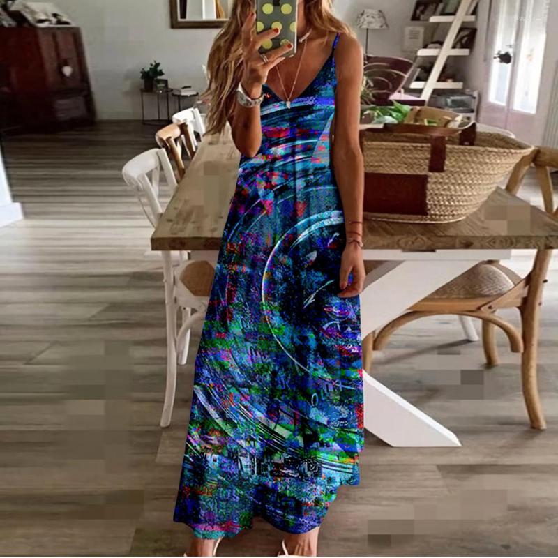 

Casual Dresses Spring Summer Women V-Neck Glitch Art Printed Sexy Beach Long Maxi Dress Split Sleeveless Vintage Clothing Holiday Vestido, Xy01392x06-a504