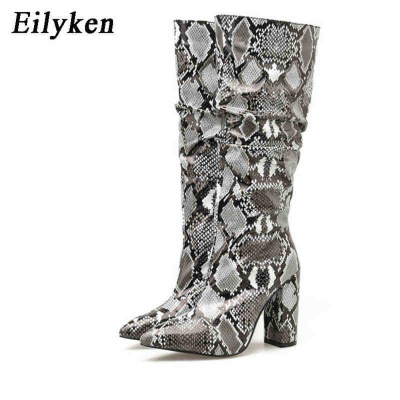 

Boots Eilyken Colorful Snake Skin Boots Women High Heels Thick Mid Calf Boot Distressed Pointed Toe Zip Shoe Pleated Boots Slouch 220913, Gray