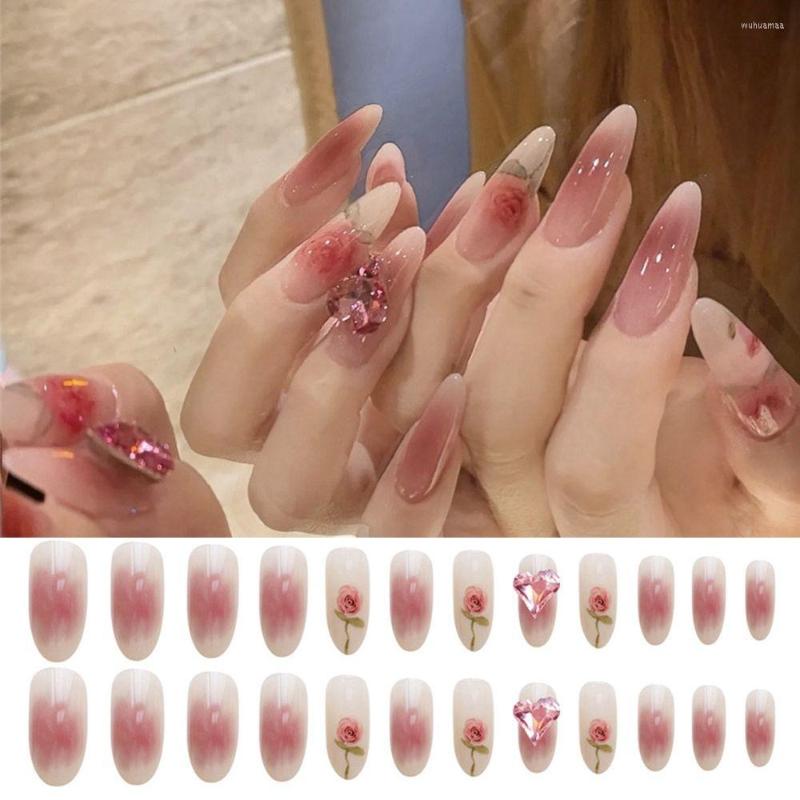

False Nails 24pcs/Box Women Fashion Full Cover Artificial Detachable Nail Tips Almond French Fake Wearable, 01