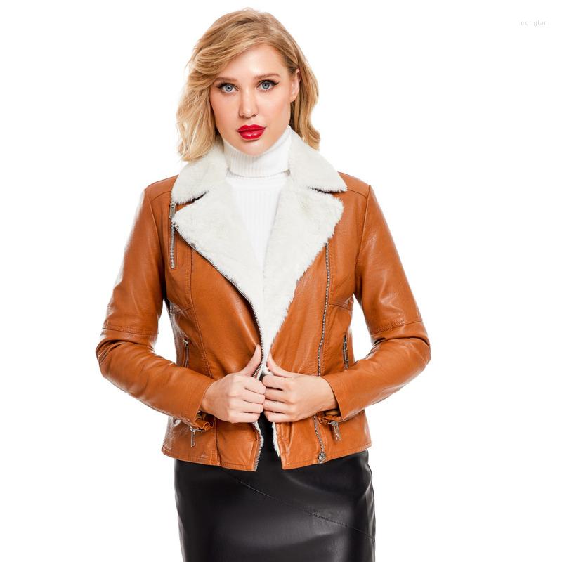 

Women' Leather 2022 Winter Jacket Women Long Sleeve Fleece Lined Warm Zipper Coats Black Parkas Female Casual Streetwear Clothes A004
