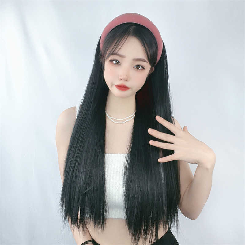 

Women's Hair Wigs Lace Synthetic Hoop Integrated Simulation Straight Wig Piece Female Fashion Long Hair Uv Type Half Head Cover Shake Shop, Black wig
